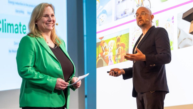 Dr Rowena Arzt, Head of Trade Fairs at Interzoo organiser WZF GmbH, at the Sustainability Session at Interzoo, and David Molenberghs, co-founder and Chief Innovation Officer at Smoofl, at the opening session of Petfood Forum Europe 2024.