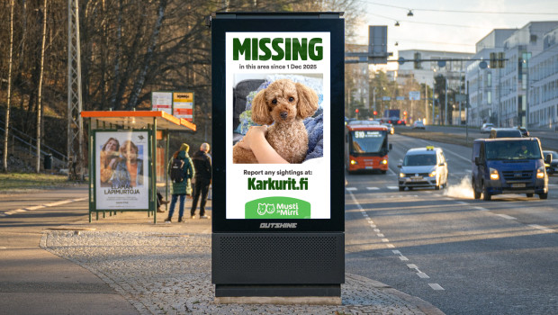 Test phase in Finland: Musti ja Mirri is testing new technology that immediately displays online missing pet reports on outdoor advertising screens in the area where the animal disappeared.