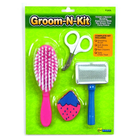 Groom-N-Kit contains a selection of necessary grooming tools for small pets at an affordable price. It includes a pin brush to reduce shedding, bristle brush to make fur shine, nail clipper and a tasty treat.
