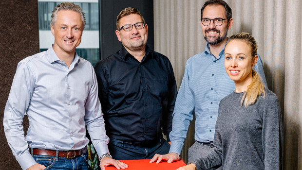 Marius Baumeister (from left), business executive officer Nestlé Purina Austria, Thomas Heinzmann, head of marketing and sales at Feragen, Michael Geretschläger, CEO and founder of Feragen, and Melanie Brelöhr, senior brand manager at Nestlé Purina Petcare Europe.