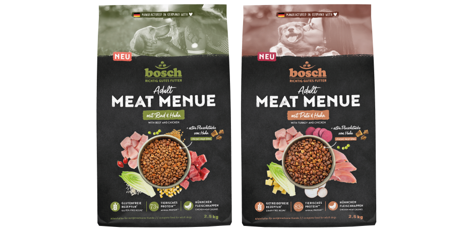 Dog food ’made in Germany’: no added sugar, no soya and GMO-free.