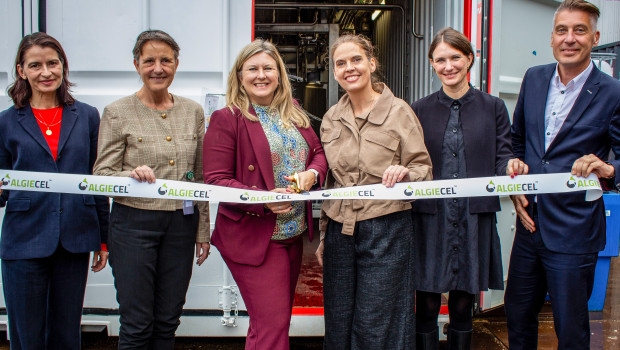 Algiecel ribbon cutting (from left o right): Pernille Rype Elley (Dansk Industri), Tove Feld (Chair, Algiecel), Susanne Palsten Buchardt (CEO, Algiecel), Ghita Hansen (Novonesis), Anne Lerche (Dansk Erhverv), and Henrik Busch-Larsen (Founder and Co-Chair, Algiecel).